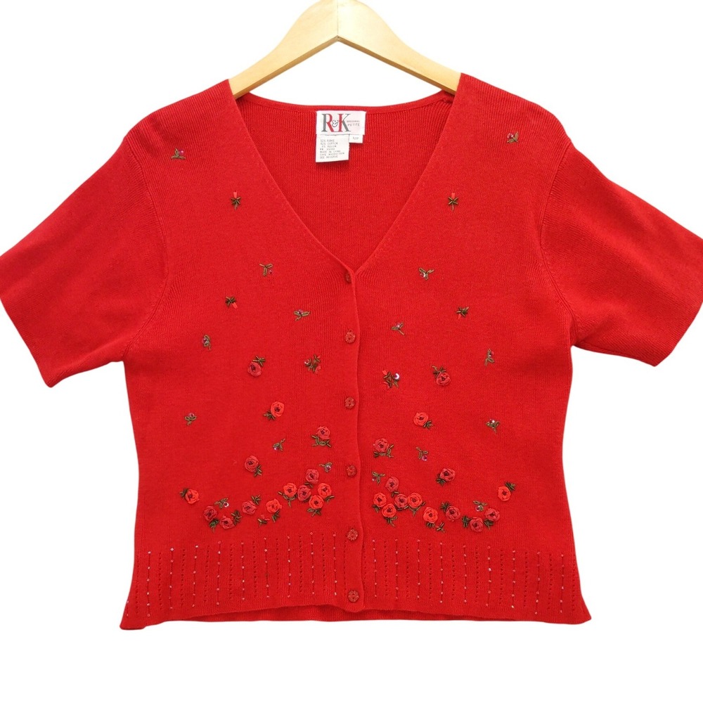 vtg R&K Original Petite‎ Embroidered Floral Rose Cardigan 12P Red Short Sleeve